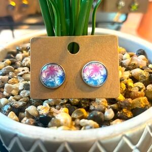 Hand Crafted Neon Pink & Blue Palm Tree Tropical Stud Earrings
